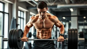 Person performing compound deadlift with perfect form in modern gym setting, muscular physique visible, focused expression, natural lighting emphasizing muscle definition and strength