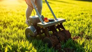 Person aerating a lush green lawn with professional equipment, morning sunlight, determined expression, showing soil plugs being removed from healthy grass