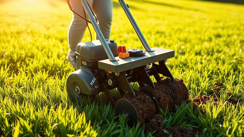 Person aerating a lush green lawn with professional equipment, morning sunlight, determined expression, showing soil plugs being removed from healthy grass