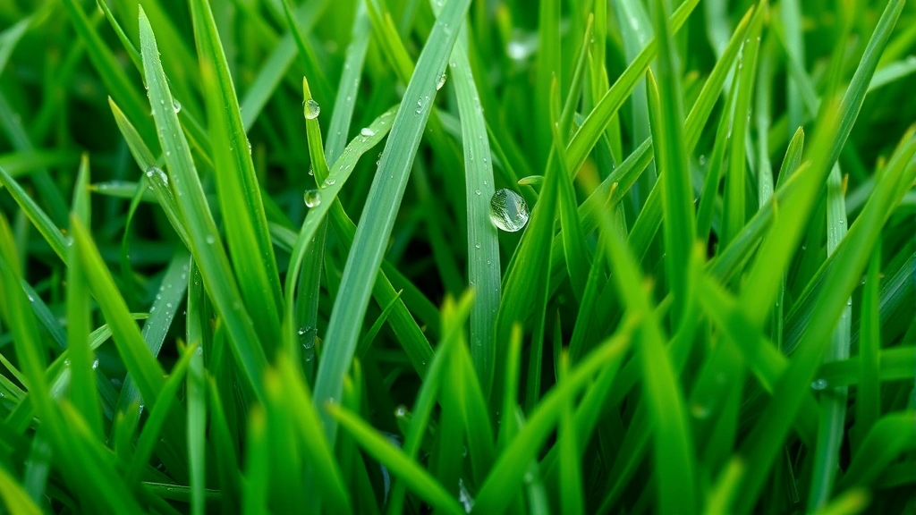 Close-up of healthy green grass blades with excellent drainage, water droplets on grass after rain, vibrant turf, no mushrooms visible, morning dew