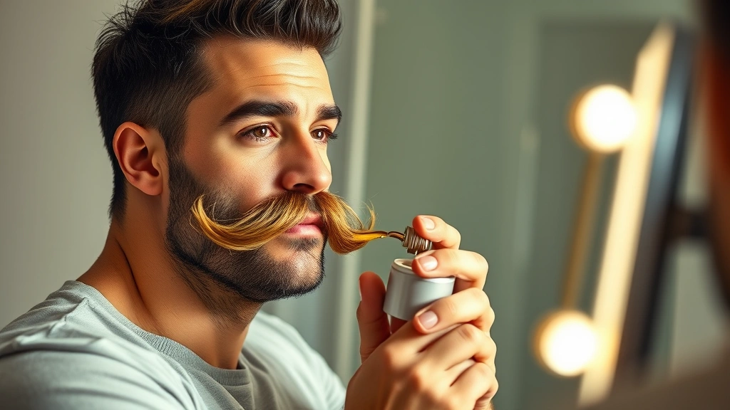 A confident man with a well-groomed, thick mustache looking in mirror, applying golden mustache growth oil with focused determination, natural lighting, photorealistic