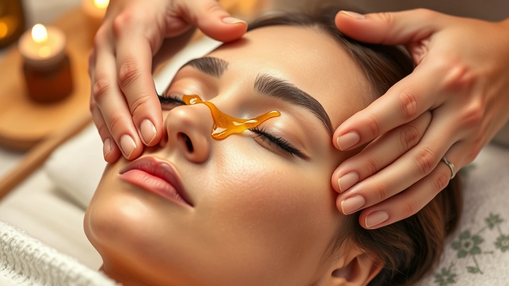 Close-up of hands massaging facial hair area with nourishing oil, showing proper technique and circulation, professional spa-like setting, warm lighting