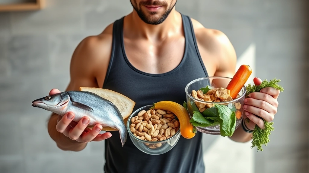 A fit man in gym clothes holding healthy foods including fish, nuts, and vegetables, demonstrating nutrition for hair growth, bright natural daylight