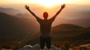 A person standing at sunrise on a mountain peak overlooking vast valleys and forests below, arms raised in triumph, warm golden light illuminating their face, representing achievement and breakthrough moments in personal growth journey