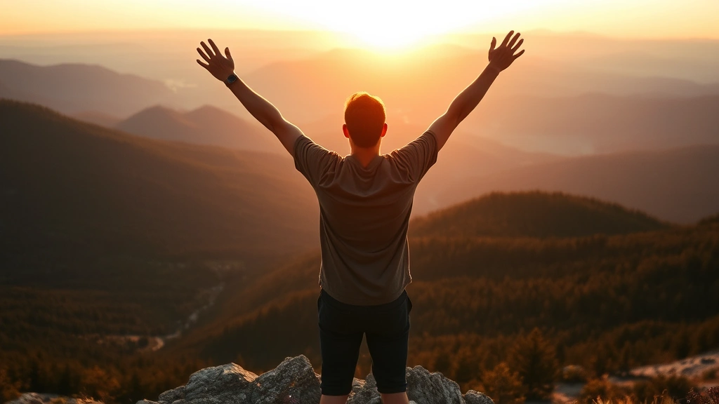 A person standing at sunrise on a mountain peak overlooking vast valleys and forests below, arms raised in triumph, warm golden light illuminating their face, representing achievement and breakthrough moments in personal growth journey
