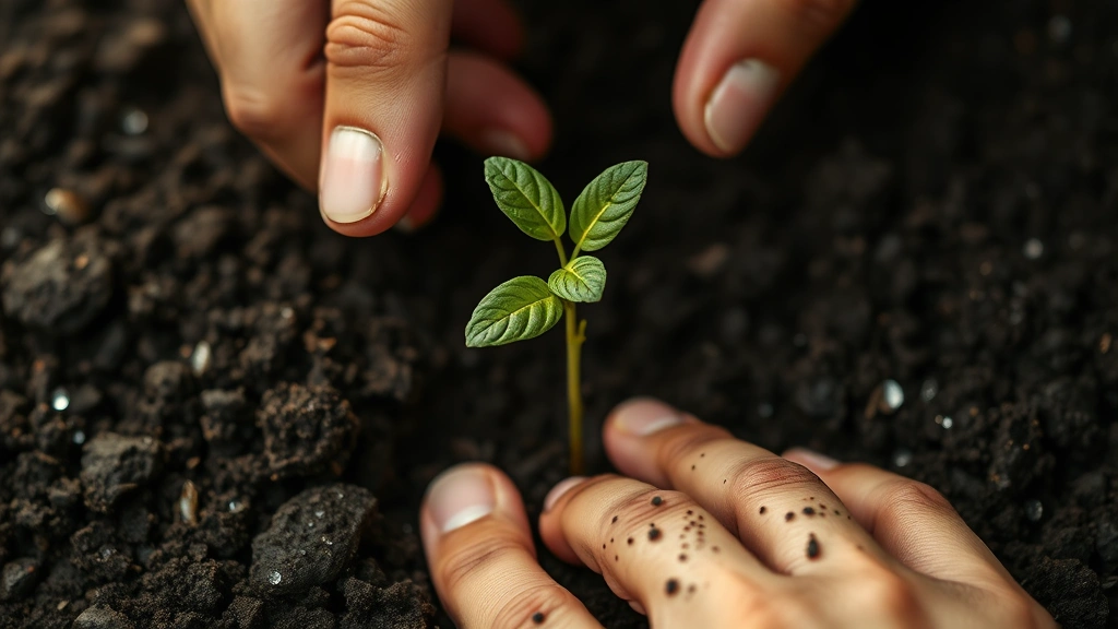 Close-up of hands planting a small green seedling in rich dark soil with morning dew, symbolizing the beginning of growth and nurturing potential through intentional effort and care