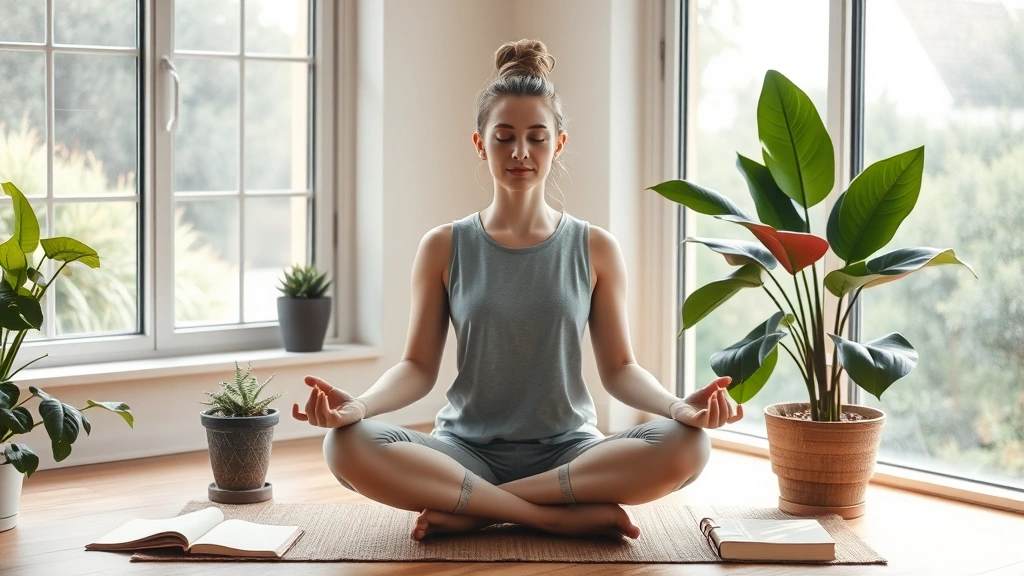 A person sitting peacefully in meditation pose by a large window with natural light, surrounded by plants and journals, representing mindfulness, reflection, and intentional personal development practices