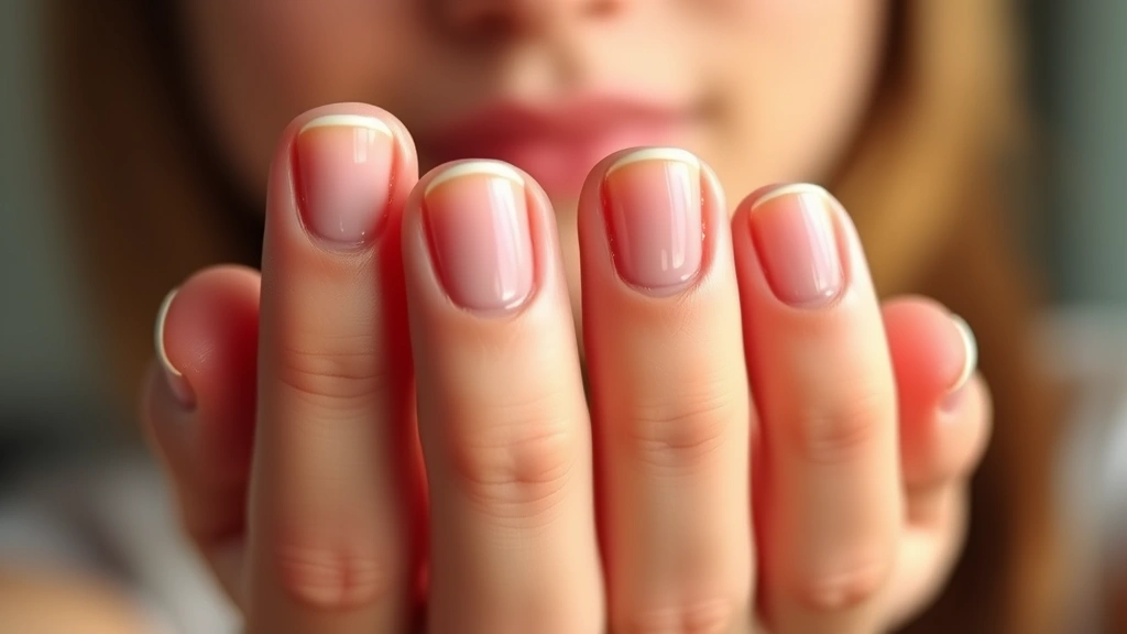 Close-up of healthy, strong fingernails with natural shine and smooth surface, person holding hands up to show nail health, warm natural lighting, shallow depth of field, professional beauty photography style, no text or watermarks visible