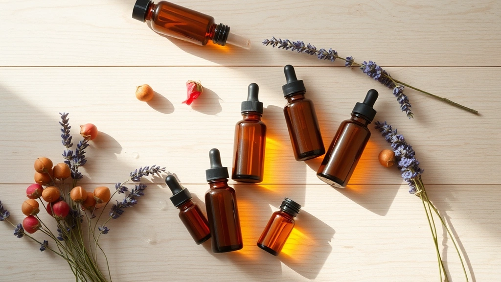 Overhead flat lay of multiple nail oil bottles in amber glass, fresh botanicals like rosehips and lavender, wooden surface, natural morning light creating soft shadows, minimalist aesthetic, no labels or text visible on bottles, wellness lifestyle imagery