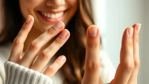 Woman examining healthy, strong fingernails up close, natural lighting, showing smooth nail beds and defined lunulas, peaceful expression of satisfaction with personal wellness routine