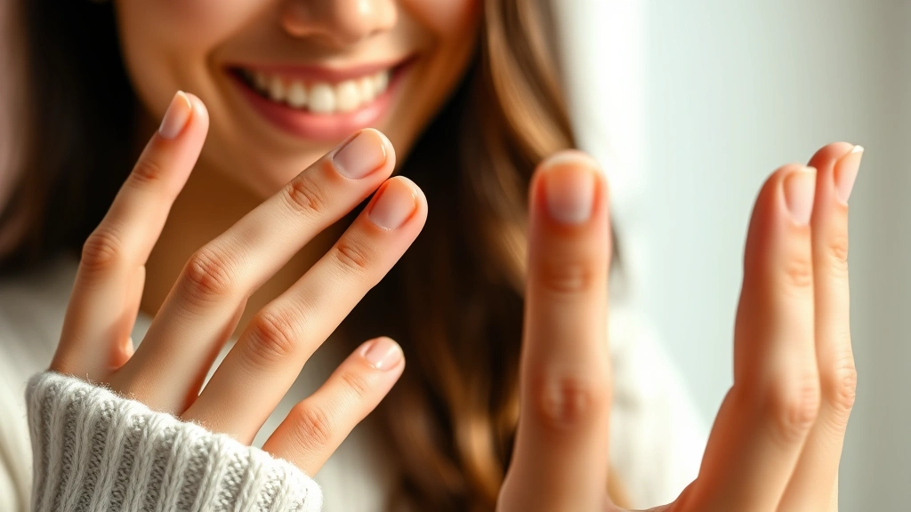 Woman examining healthy, strong fingernails up close, natural lighting, showing smooth nail beds and defined lunulas, peaceful expression of satisfaction with personal wellness routine