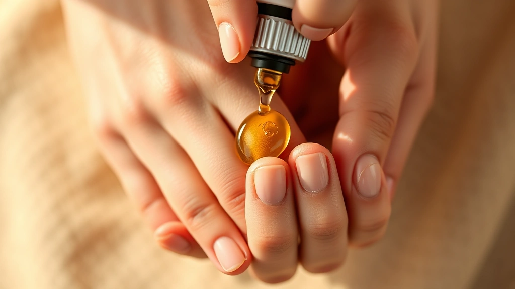 Overhead shot of hands being moisturized with cuticle oil, warm golden lighting, showing clear nail beds, healthy cuticles, drops of nourishing oil on fingertips