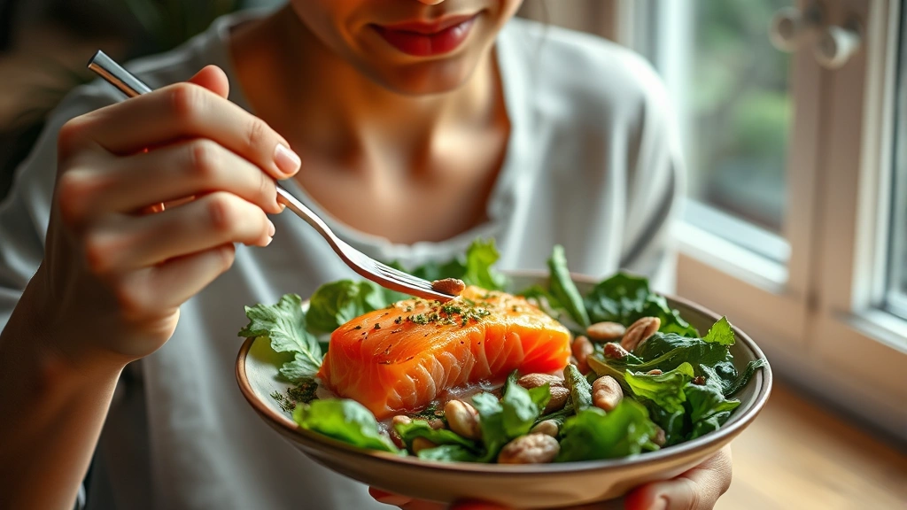 Person eating a nutrient-rich meal with salmon, leafy greens, and nuts visible, natural daylight through window, demonstrating the connection between nutrition and health growth