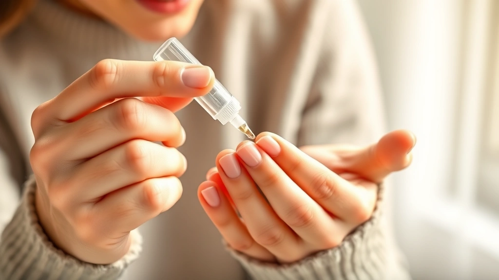 Person examining their nails with satisfaction and confidence, showing nail serum application on cuticle area, hands in focus with gentle massage motion, warm natural light, photorealistic