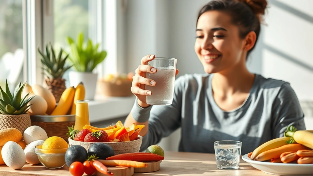 Healthy lifestyle scene with nutritious foods, water glass, and person looking refreshed and energetic, representing hydration and nutrition for nail health, bright natural lighting, photorealistic