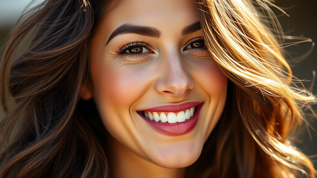 Woman with glowing, healthy thick hair in natural sunlight, smiling confidently, wearing minimal makeup, close-up of hair texture and shine, photorealistic