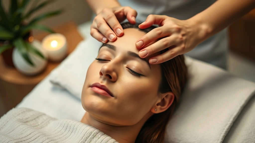 Person receiving professional scalp massage therapy, hands massaging scalp with focus on circulation and relaxation, peaceful expression, spa setting, photorealistic