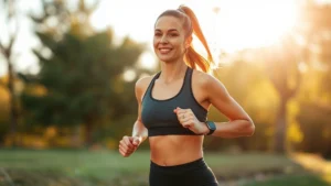 Woman running outdoors in morning sunlight, athletic wear, confident expression, healthy glowing skin, motion blur background, natural lighting, wellness lifestyle aesthetic