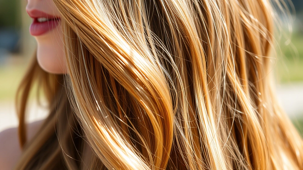 Close-up of woman's long healthy shiny hair strands, sunlight illuminating hair texture, natural waves, vibrant and strong appearance, no face visible, outdoor setting