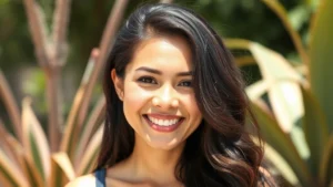 Person with noticeably thick, healthy, shiny hair looking confident and happy, standing in natural sunlight near plants or nature, genuine smile showing self-assurance and wellness contentment