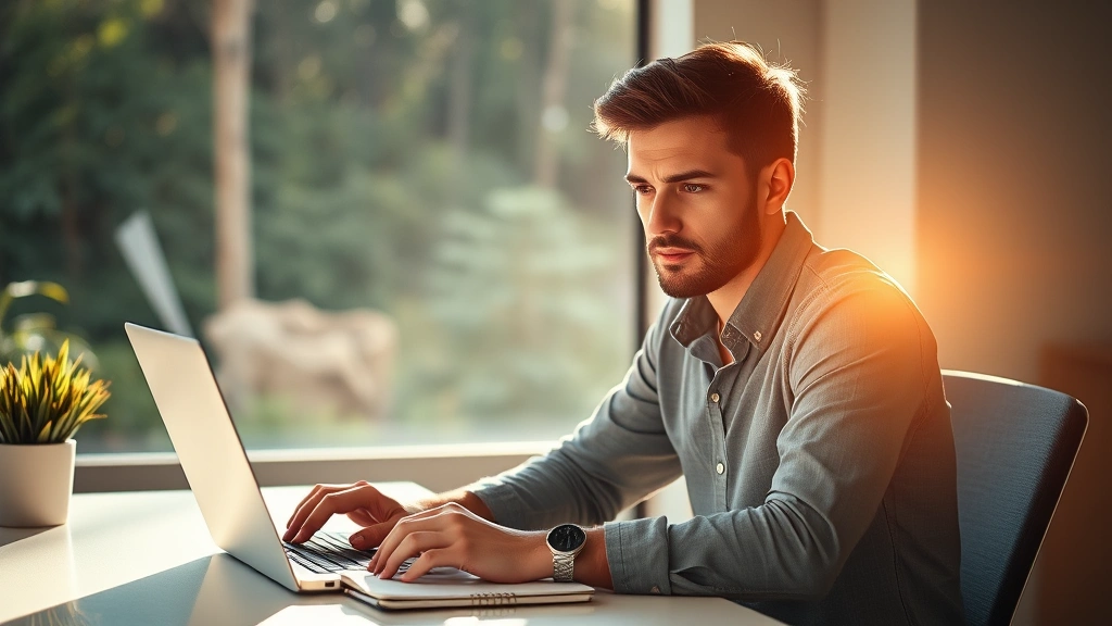 Person sitting at desk with laptop, determined expression, morning sunlight streaming through window, notebook and pen nearby, focused on screen, professional setting, warm lighting, natural background, growth visualization