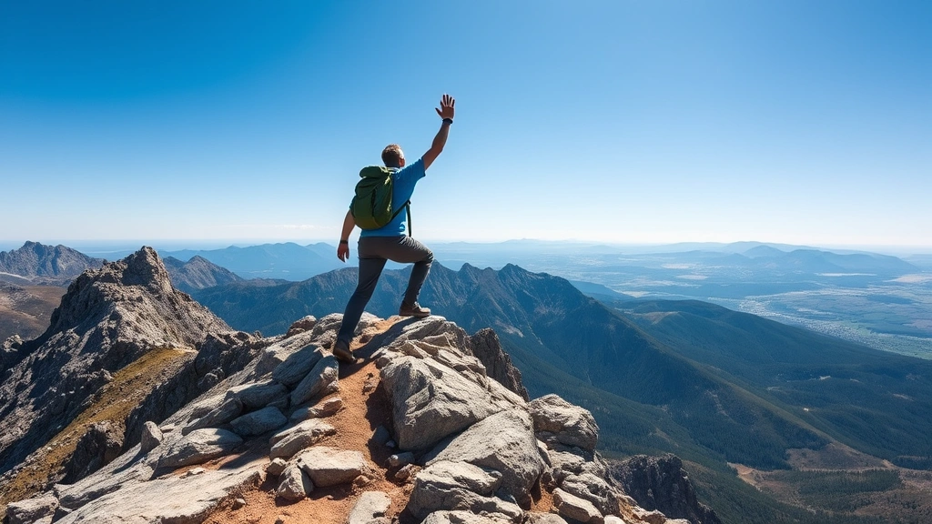 Individual climbing rocky mountain trail, reaching upward with determination, clear sky above, expansive landscape view, physical effort visible, symbolic of overcoming obstacles, natural outdoor setting, powerful stance, achievement mindset