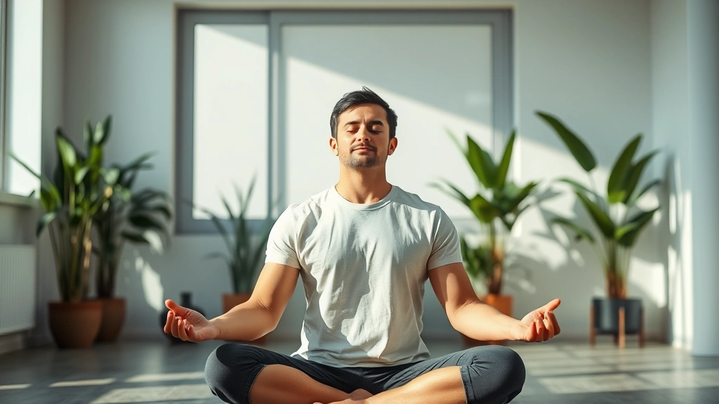 Person in meditation pose in modern bright room, peaceful expression, plants in background, natural light, calm environment, inner reflection, growth and mindfulness, serene atmosphere, centered posture, personal development visualization