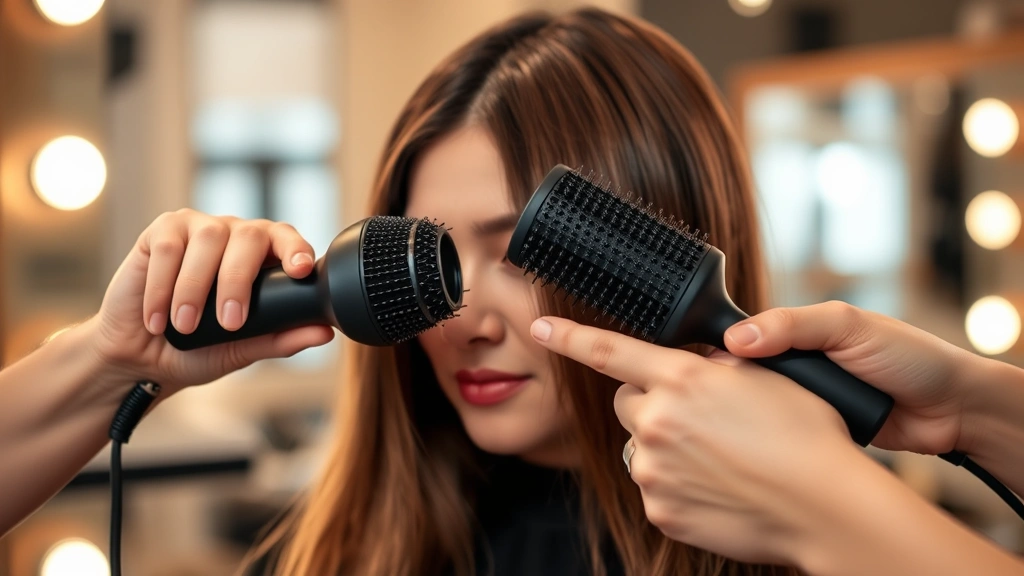 Stylist hands demonstrating blow-drying technique on new hair growth with paddle brush, focused concentration on roots area, warm professional salon lighting