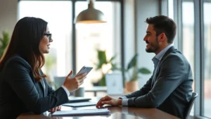 Professional consultant in modern office discussing growth strategy with engaged client showing determination and focus, natural lighting emphasizing progress visualization