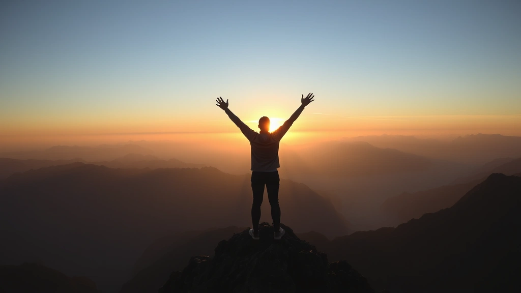 Person standing at mountain peak looking toward sunrise with arms raised in triumph, embodying breakthrough moment and achievement of personal potential