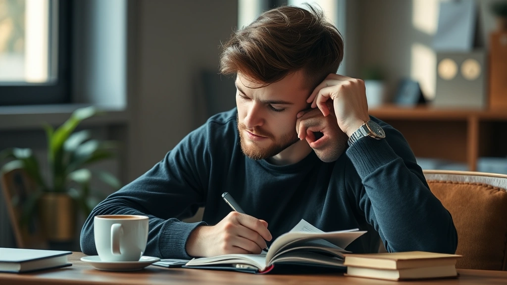 Individual in deep concentration during learning session with notebook and coffee, representing daily habit implementation and continuous growth mindset