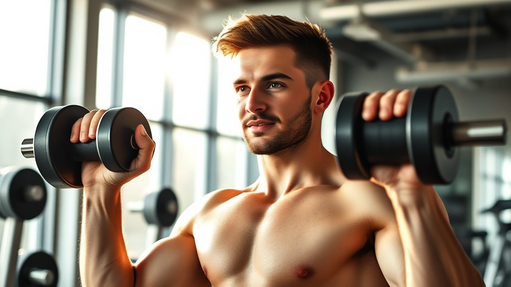 Young adult man in modern gym, confidently lifting weights with proper form, morning sunlight streaming through large windows, focused expression showing determination and strength, athletic build, healthy and energized appearance