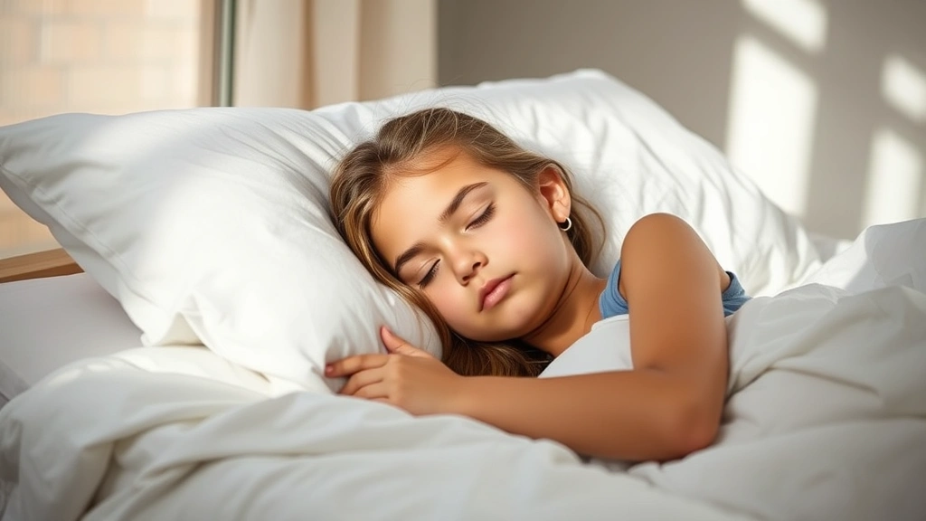 Teenage girl sleeping peacefully in comfortable bed with natural morning light, serene bedroom environment, peaceful expression, demonstrating importance of rest for growth and development, health-focused imagery