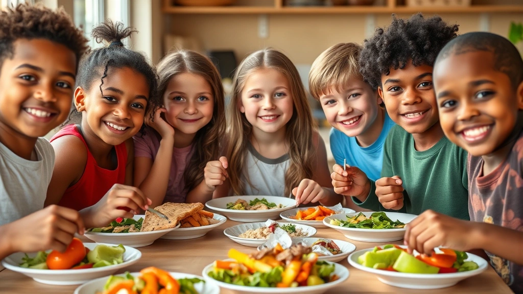 Diverse group of young people eating nutritious meals together at table, colorful vegetables and proteins visible, genuine smiles, natural lighting, demonstrating proper nutrition as foundation for growth and wellness