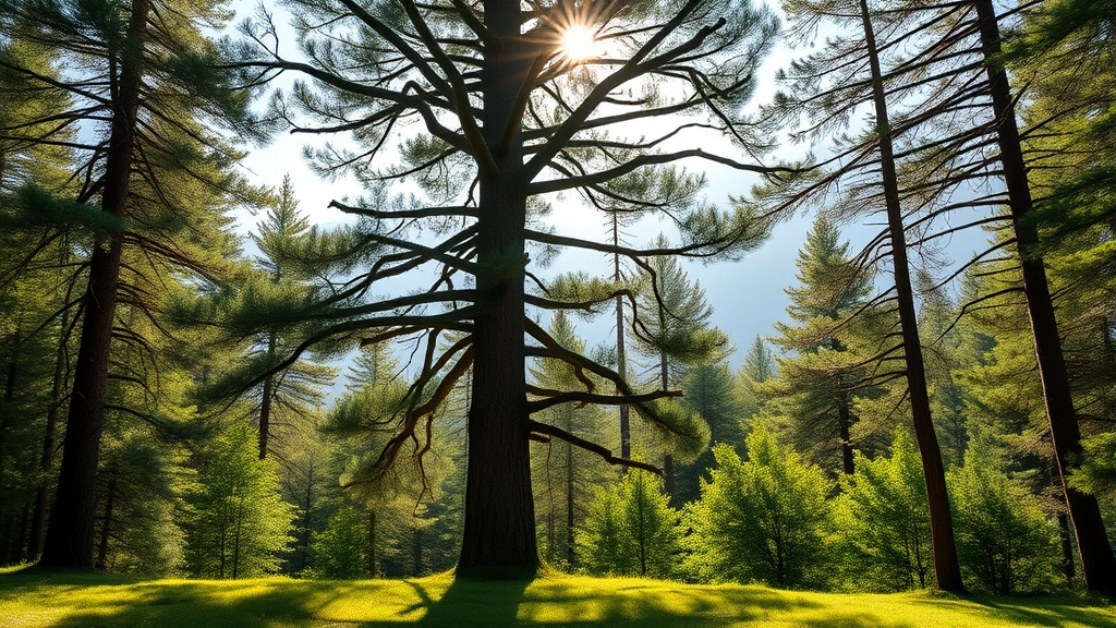 A majestic mature Norway spruce tree standing tall in a lush forest clearing with dappled sunlight filtering through branches, vibrant green foliage, misty mountains visible in background, photorealistic nature photography