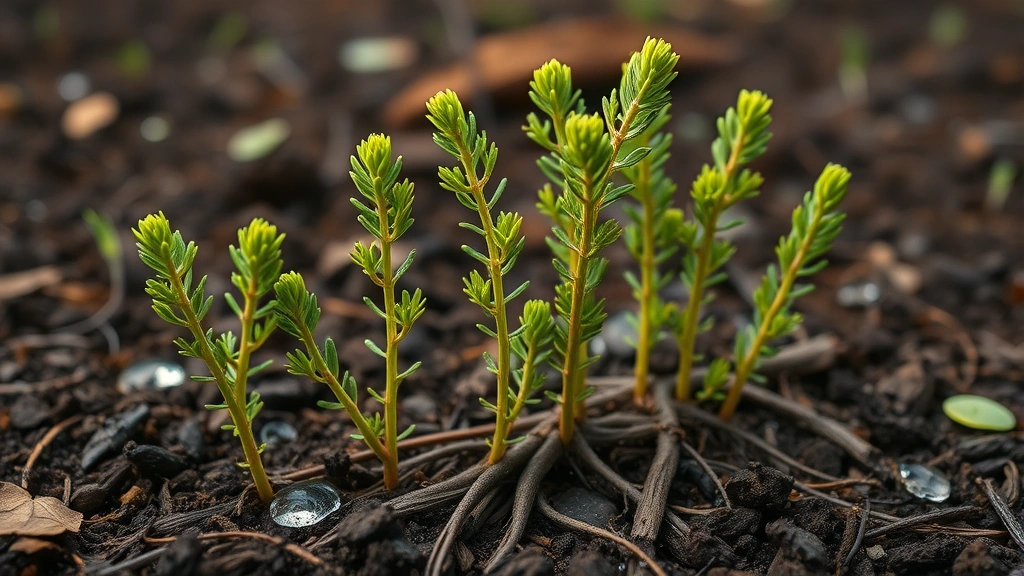 Young Norway spruce seedlings growing vigorously in rich dark soil with visible root systems, fresh green growth tips, morning dew drops, natural forest environment, photorealistic botanical imagery