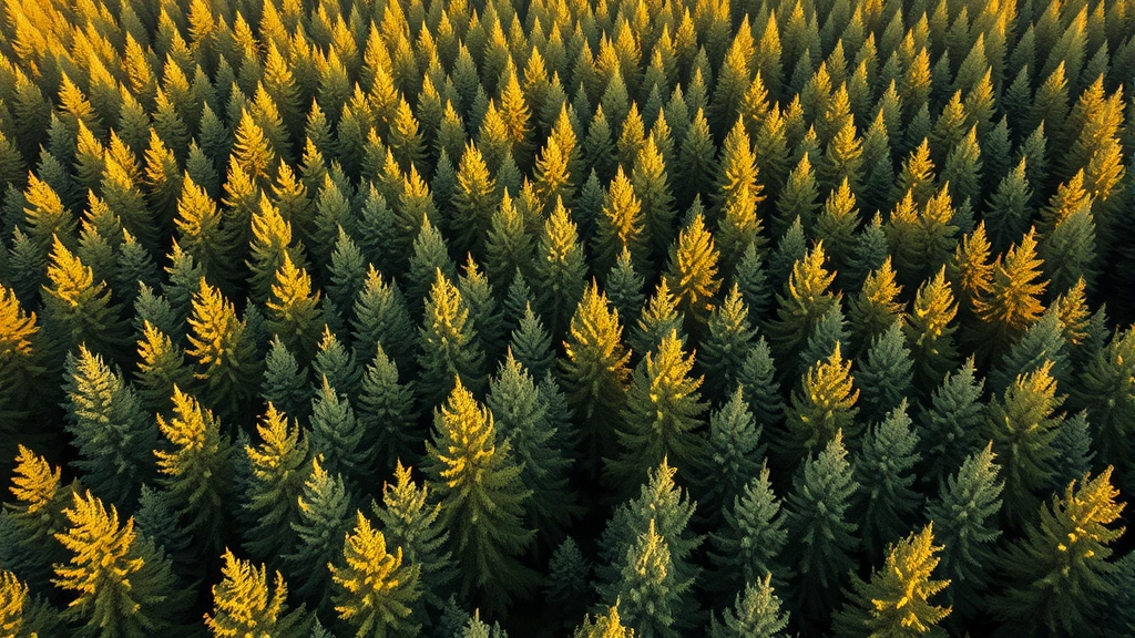 Aerial view of a healthy Norway spruce forest plantation showing varied tree heights and dense canopy coverage, demonstrating growth stages, golden hour lighting, photorealistic forestry landscape