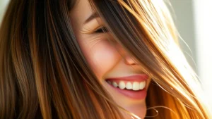 Woman with thick, healthy, shiny hair smiling confidently in natural sunlight, close-up of hair texture, photorealistic, wellness-focused, no text visible