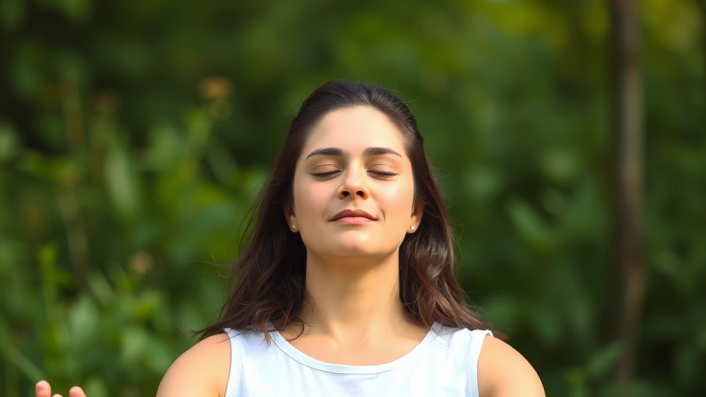 Person meditating peacefully in nature with calm expression, stress-free environment, green background, embodying wellness and hair health optimization