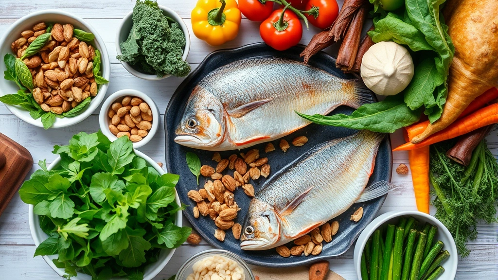 Nutritious food spread on table including leafy greens, nuts, fish, colorful vegetables, vibrant and fresh, promoting metabolic health and hair growth