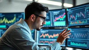 A professional data scientist intently studying multiple screens displaying AI model training metrics and performance graphs, representing focused growth mindset and strategic analysis in a modern tech environment