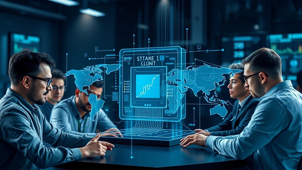 A diverse team of engineers collaborating around a holographic display showing interconnected AI chip architecture and global market data flows, symbolizing innovation and collective problem-solving