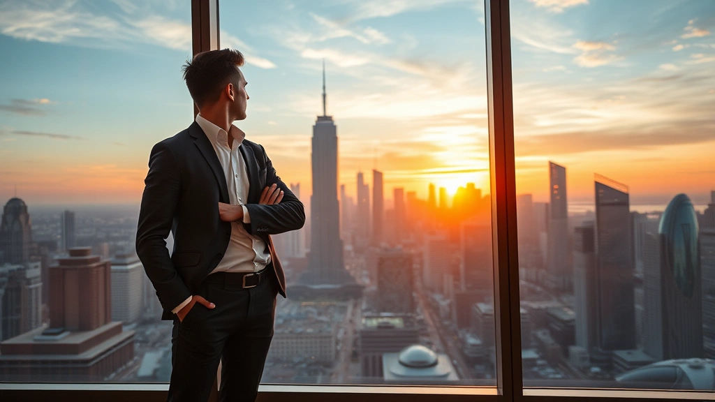 An ambitious professional standing confidently before a window overlooking a futuristic smart city skyline at sunset, reflecting on strategic business decisions and long-term technological vision