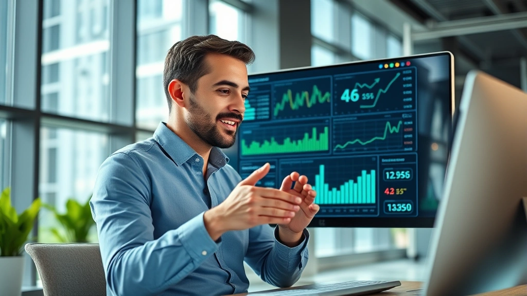 A professional investor studying financial charts and data visualization on a modern computer screen in a sleek office, displaying AI-related growth analytics and market trends, motivated expression, natural lighting through large windows