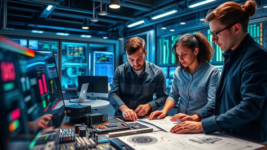 An engineer or technologist collaborating with colleagues around a high-tech workspace, examining GPU circuit board designs and AI infrastructure diagrams, focused and innovative atmosphere, modern tech environment with ambient lighting