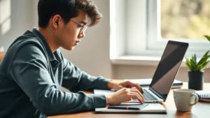 Student studying at desk with laptop, focused concentration, natural sunlight, notebook visible, coffee cup, calm productive environment, photorealistic, peaceful learning space, no text or labels