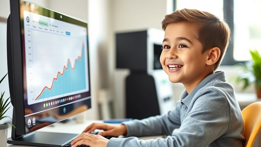 A young student with bright smile looking at computer screen showing ascending growth graph, hands on keyboard, natural indoor lighting, celebrating academic progress