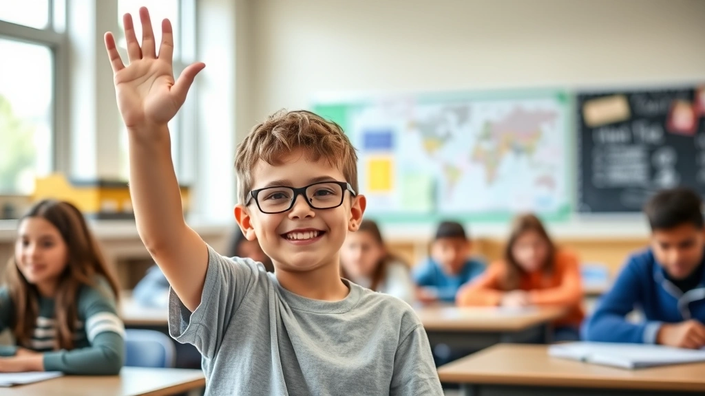 A middle school student confidently raising hand in classroom, other students visible in background, natural daylight from windows, engaged and positive learning environment