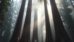 Ancient towering redwood or cedar trees with massive trunks in misty old growth forest, filtered sunlight through dense canopy, person standing at base showing scale, peaceful contemplative mood