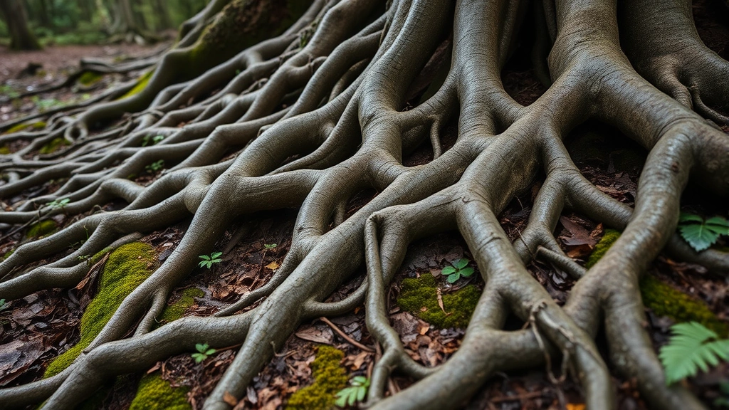 Close-up of gnarled tree roots spreading across forest floor, rich soil with moss and ferns, intricate network pattern showing interconnection, morning dew, depth of field photography